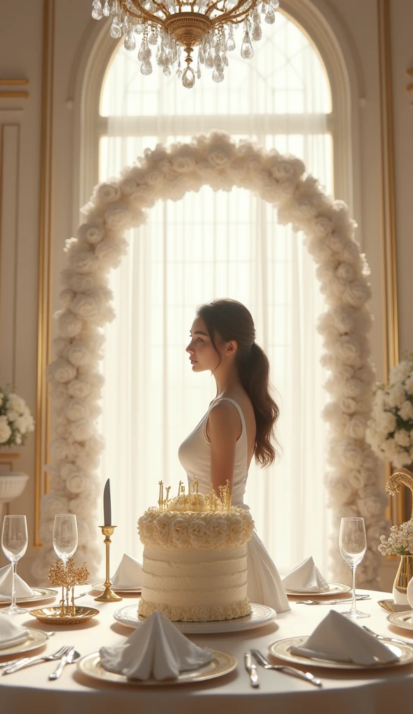 birthday cake,cream,detailed,White gauze arch,Luxury palace,First Person View,One person girl,A horsetail,Cake knife,Luxury Set