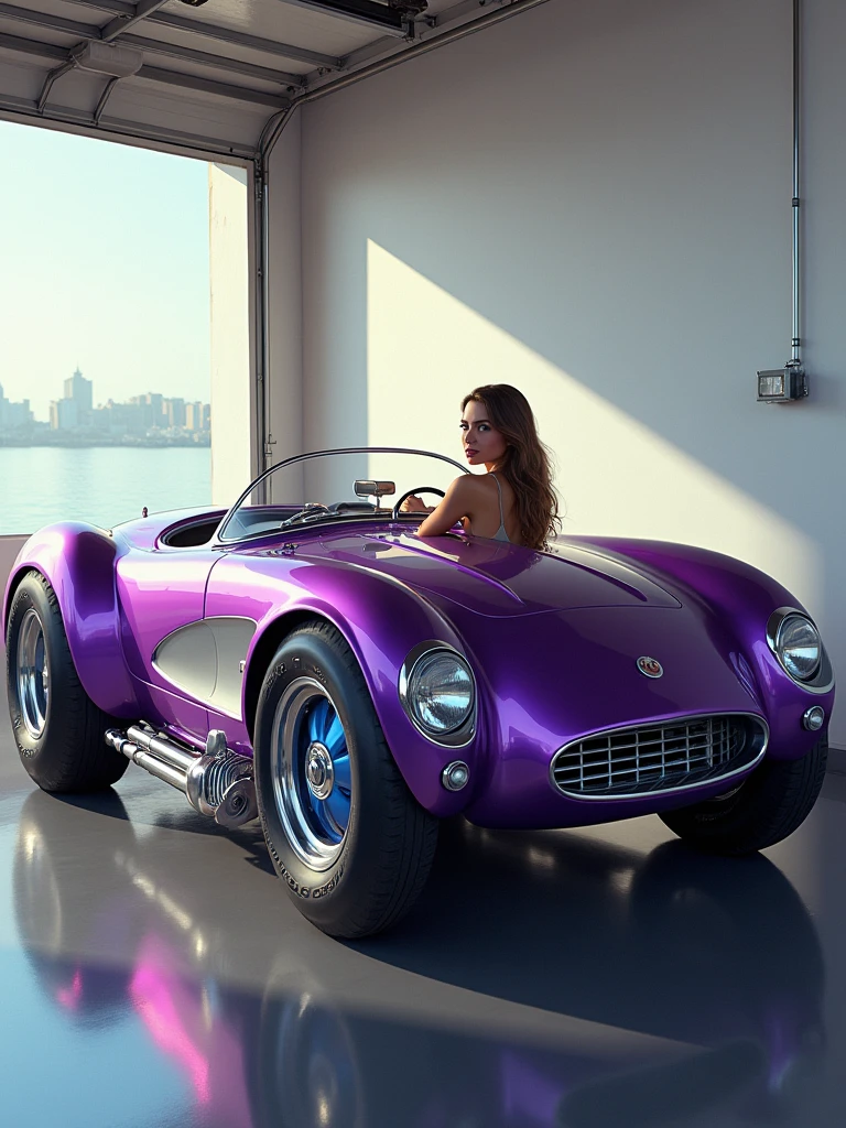 diagonal camera, Image of a beautiful 1 girl driving inside a 1957 Chevrolet Corvette hot rod, COR red chrome METALLIC reflective, metallic purple color, Hot rod style , film style stalone cobra, the painting reflects the sunlight, reflection of light shine on painting, It has a blue star wheel, It has a blue star wheel, thick and ridiculously wide and turned sports wheels, ridiculously lowered front suspension, inside a garage with white walls, image in diagonal pose, ​masterpiece