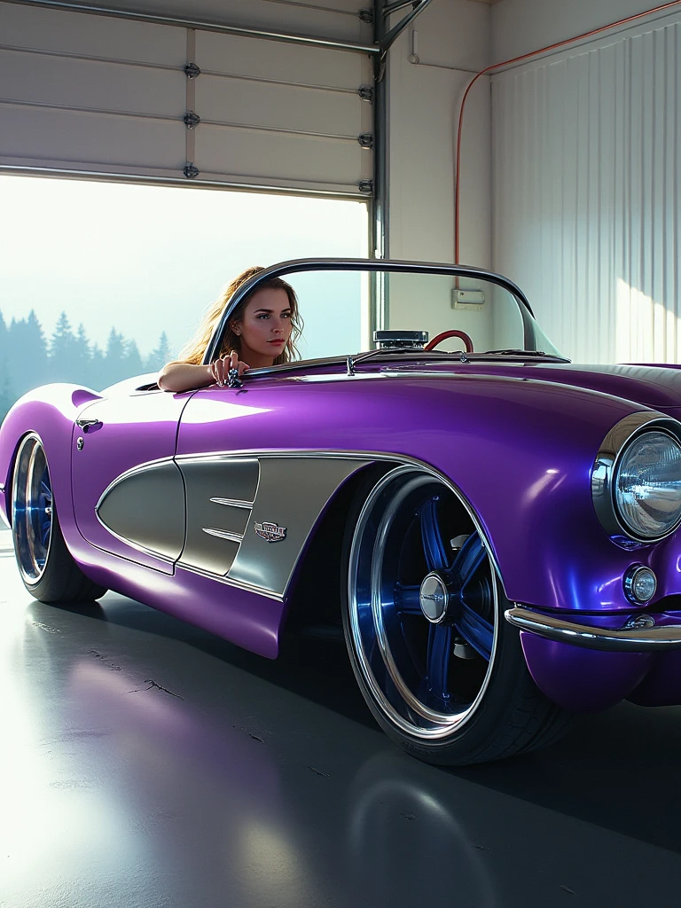 diagonal camera, Image of a beautiful 1 girl driving inside a 1957 Chevrolet Corvette hot rod, COR red chrome METALLIC reflective, metallic purple color, Hot rod style , film style stalone cobra, the painting reflects the sunlight, reflection of light shine on painting, It has a blue star wheel, It has a blue star wheel, thick and ridiculously wide and turned sports wheels, ridiculously lowered front suspension, inside a garage with white walls, image in diagonal pose, ​masterpiece