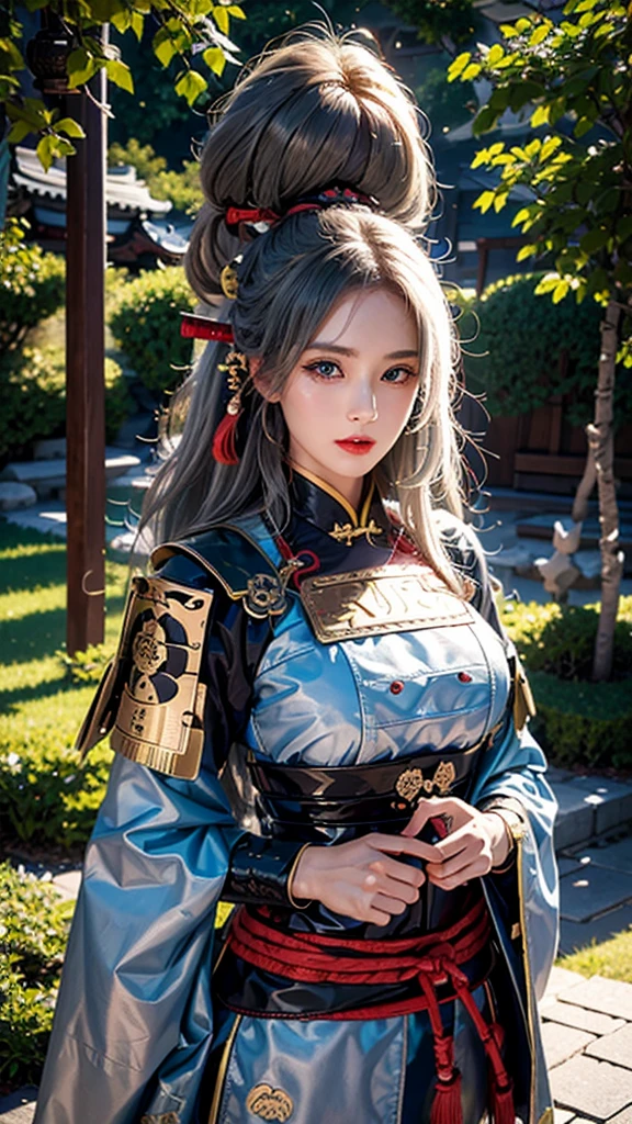 (16K, Highest quality:1.2)、((Attractive Japan models))、masterpiece, Beautiful Knight, Realistic, masterpiece, Realistic, High resolution, Soft Light, Hip Up, blue eyes, Gray Hair, Long Hair, Exquisite Details EABA, Cape, gun, warrior, armor, Japanese sword, Warrior、((Image of Japan)))、(((Sengoku period)))、(((Background City)))、(((masterpiece))),(((samurai)))、The best quality in the best condition,High resolution,((Like the picture))、Highest quality, 超High resolution, (Realistic: 1.4), RAW Photos, By Ellen von Unwerth, Nikon D850 film stock photos, F1.6 Lenses, Rich colors, ((High quality))、((8K)) ,(masterpiece:1.2), (Highest quality:1.2),Perfect Eyes, Perfect Face, Volumetric lighting, 成熟したWarrior, Mature Woman,(((Big Breasts)))、Big eyes、