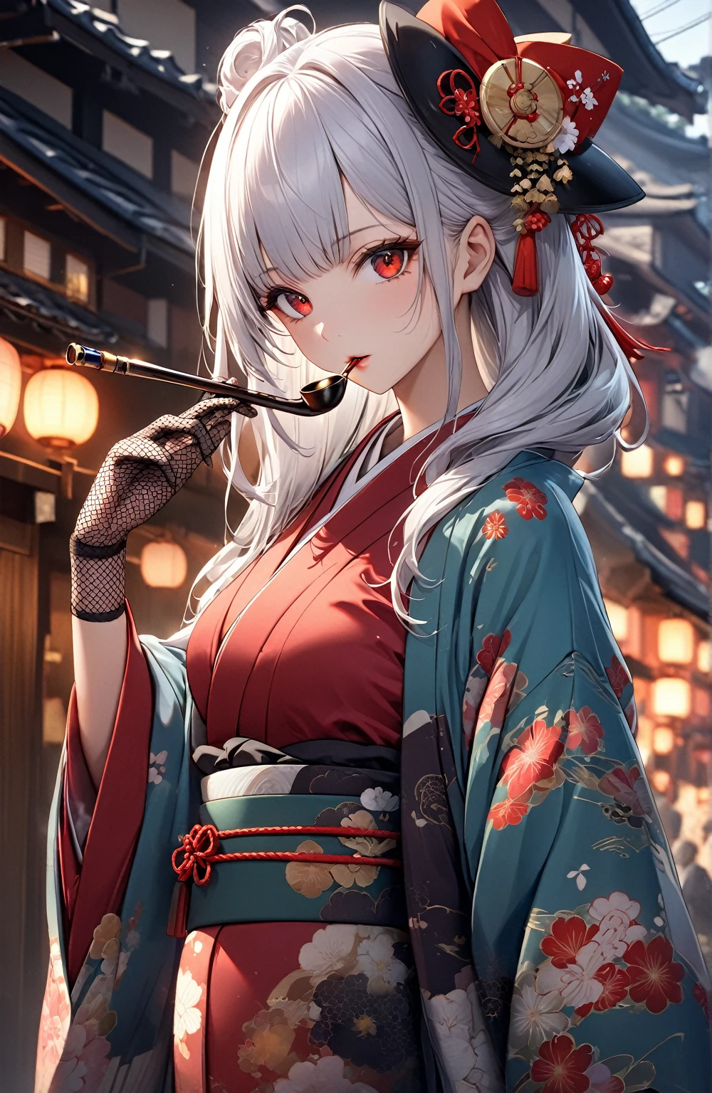 Ultra high resolution, rich colors, perfect image, top quality, detailed image, beautiful woman, glowing skin, skin and clothing texture, delicate eyes, Showa era town, Japanese clothes, kimono, long-sleeved kimono, haori, small cocktail hat, fishnet gloves, smoking pipe, long silver hair, red eyes
