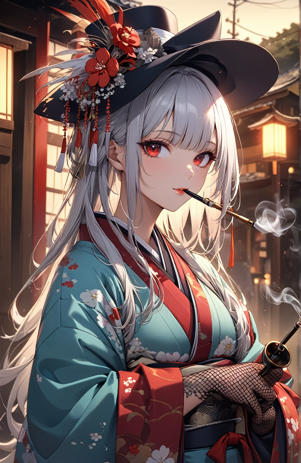 Ultra high resolution, rich colors, perfect image, top quality, detailed image, beautiful woman, glowing skin, skin and clothing texture, delicate eyes, Showa era town, Japanese clothes, kimono, long-sleeved kimono, haori, small cocktail hat, fishnet gloves, smoking pipe, long silver hair, red eyes