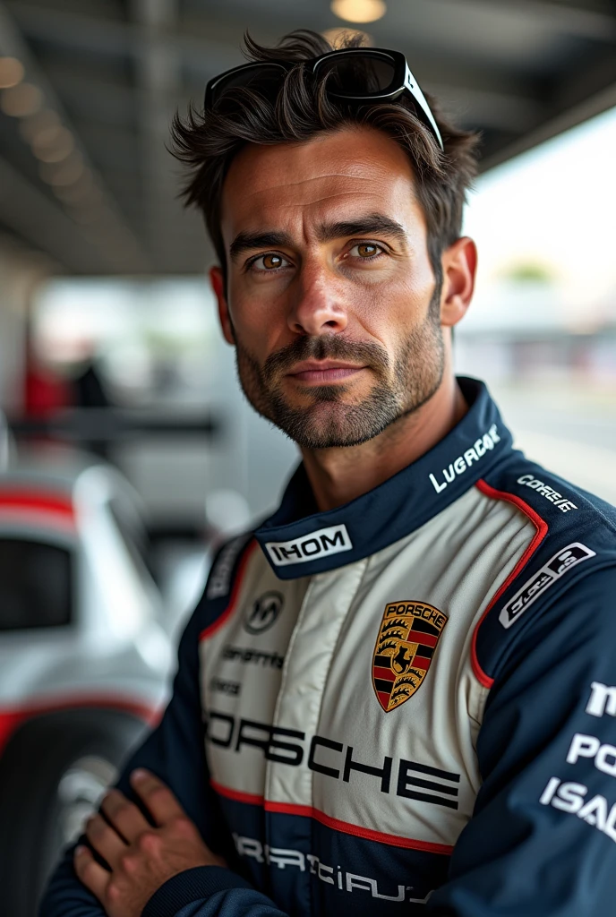 (Photorealism:1.1) a man dark brown hair and brown eye pilot porsche Cup nos Boxes ao lado do carro usando Rayban 8k ultra realistic ultra detailed as real as possible 