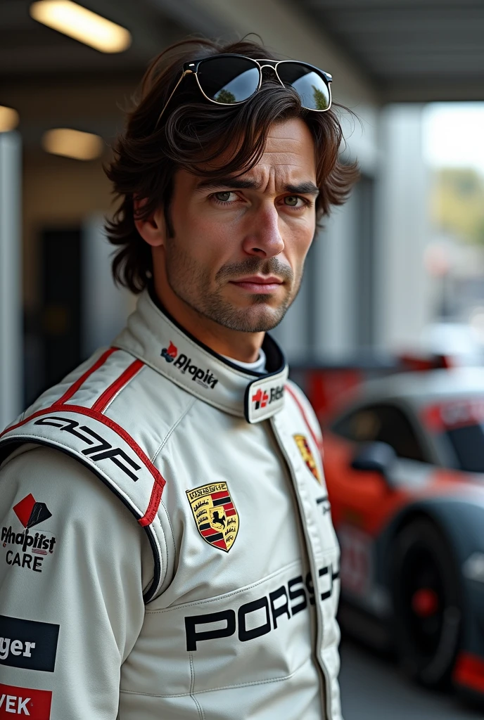 (Photorealism:1.1) a man dark brown hair and brown eye pilot porsche Cup nos Boxes ao lado do carro usando Rayban 8k ultra realistic ultra detailed as real as possible