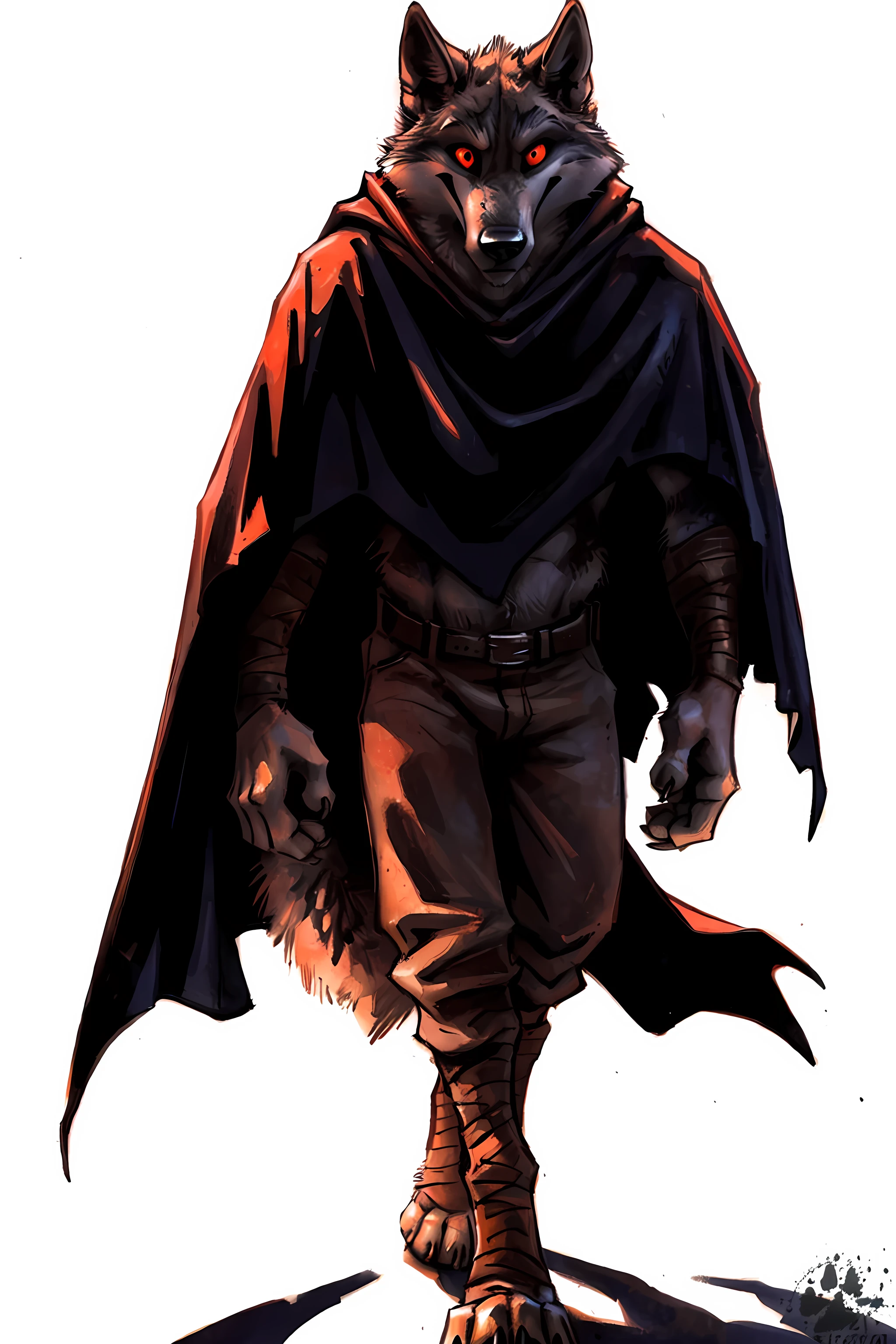 death (puss in boots), very muscular, simple background, by kenket, by blotch, wolf tail, cartoony proportions, correct anatomy, pants, poncho cape, face in shadows, red eyes, (strong shadows, dramatic shadows, dark, darkness, dim):1.2, walking, grim, menacing, scary,