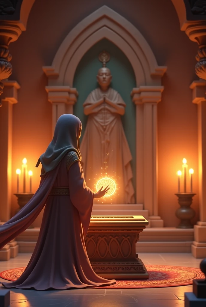 Need 3d animation style for .Mannu placing the magical bracelet on an altar inside a small, sacred temple in the village.