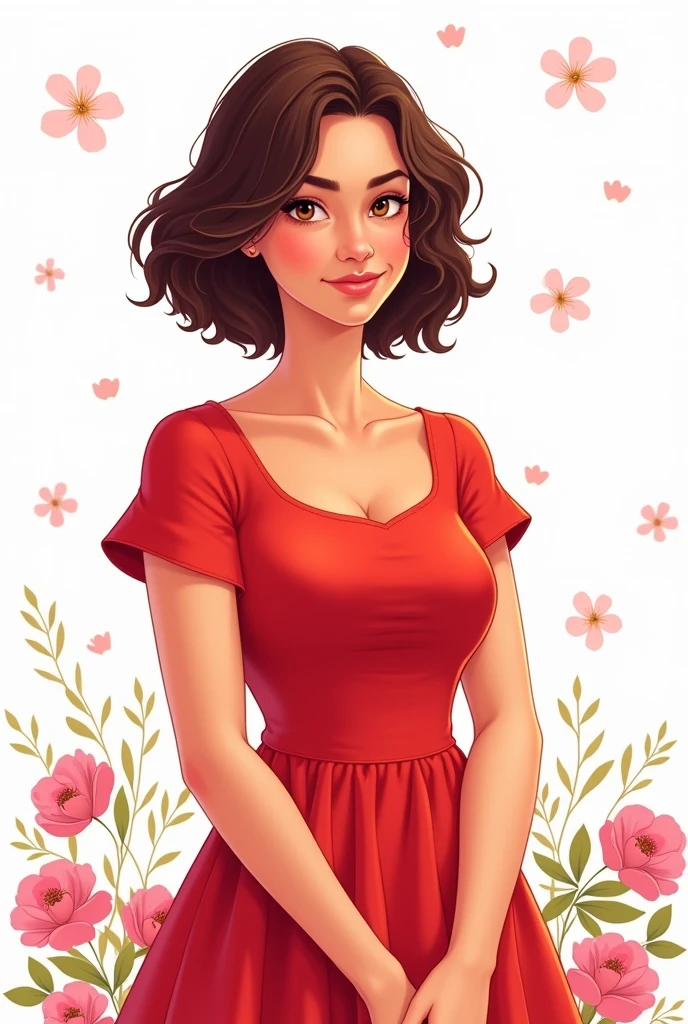 A colored drawing of a Brazilian woman on a white background with pink flowers. She will have short hair, brown and wavy, eyes browns, being fat and having fair skin. She will be wearing a red short sleeved dress.