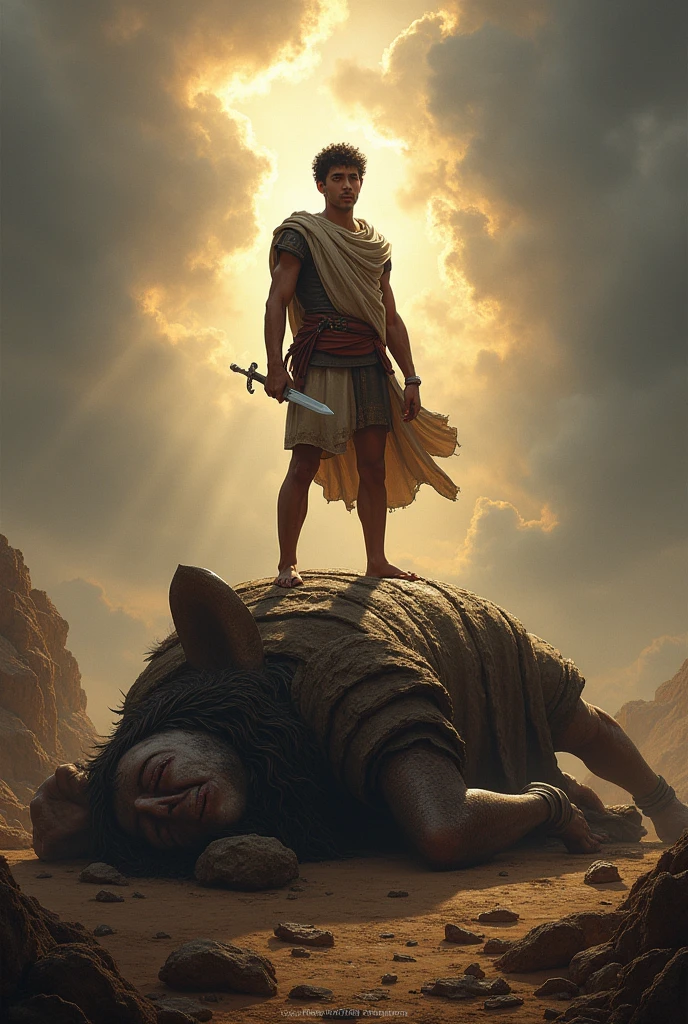 David with the sword in his hand on top of the giant Goliath