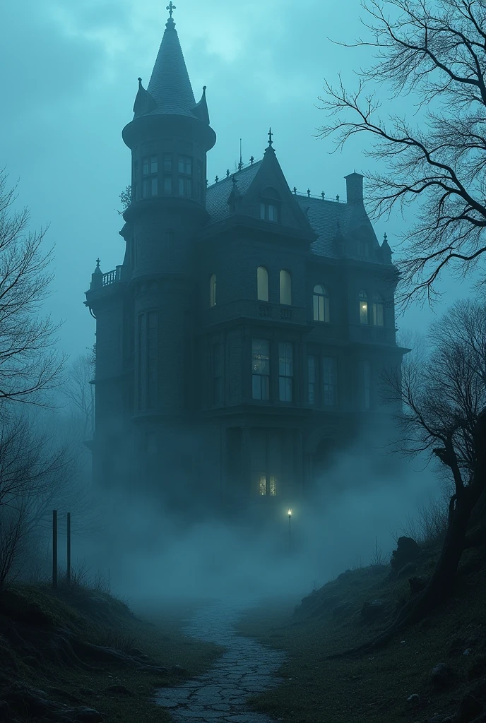 A dilapidated, eerie mansion surrounded by fog at night.