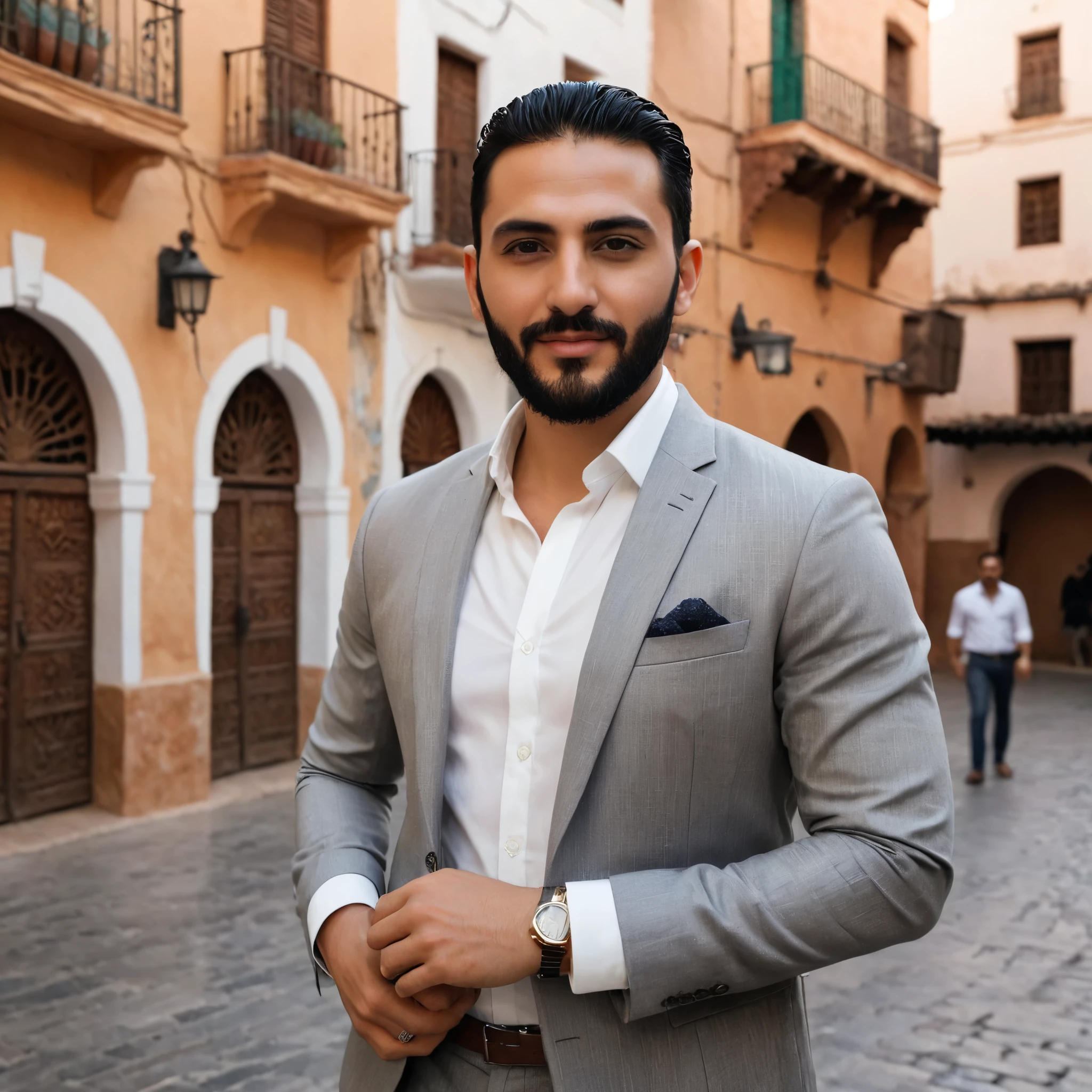 Facial appearance: Moroccan man in his late twenties or early thirties, with soft olive skin, a light, trimmed beard, and soft, black hair styled in a modern slicked back style..Features: Bright brown eyes, thick, well-sculpted eyebrows, straight nose and full lips..Expression: A confident, calm expression, with a slight smile or a sharp look directly at the camera..dress up: Wearing a trendy shirt in neutral colors (like grey or white), with a stylish black blazer jacket.. Skinny jeans are trendy, and classic leather shoes..the background: A chic urban backdrop in a city like Marrakech or Casablanca, with natural daylight that enhances the beauty of the face and clothes..Accessories: A luxury watch and a simple leather strap on his left wrist.. Sunglasses hung on the collar of the shirt for an extra touch of elegance..the details: The image quality is very high, similar to professional Instagram photos with natural color balance and clear details in clothes and face..