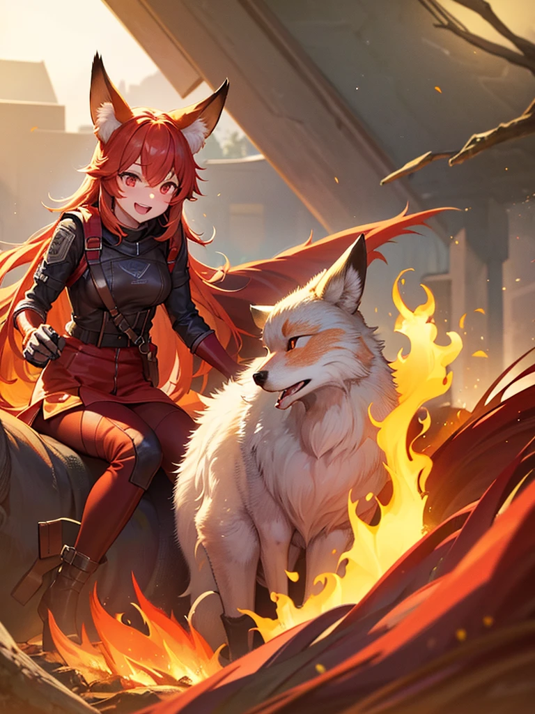 A fox，red，flaming mountain