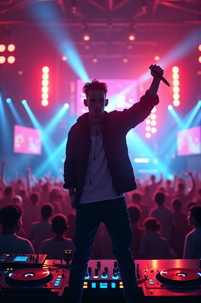 A DJ at a concert holding a microphone in his right hand 