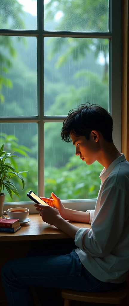 A young man is sitting at the window and playing a game on his mobile. Outside the window is beautiful nature, it is raining.  There is also a cup of tea and books at the window.