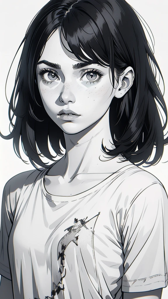 1 boyish girl, solo, sharp eyes, monochrome, greyscale, shoulder length black bangs hair, portrait, (blank white T-shirt), Thin eyebrows, closed mouth, looking at viewer, detailed lips, hatching \(texture\), without makeup, upper body, (best illustration), (best quality), (very detailed), (masterpiece), expressionless,