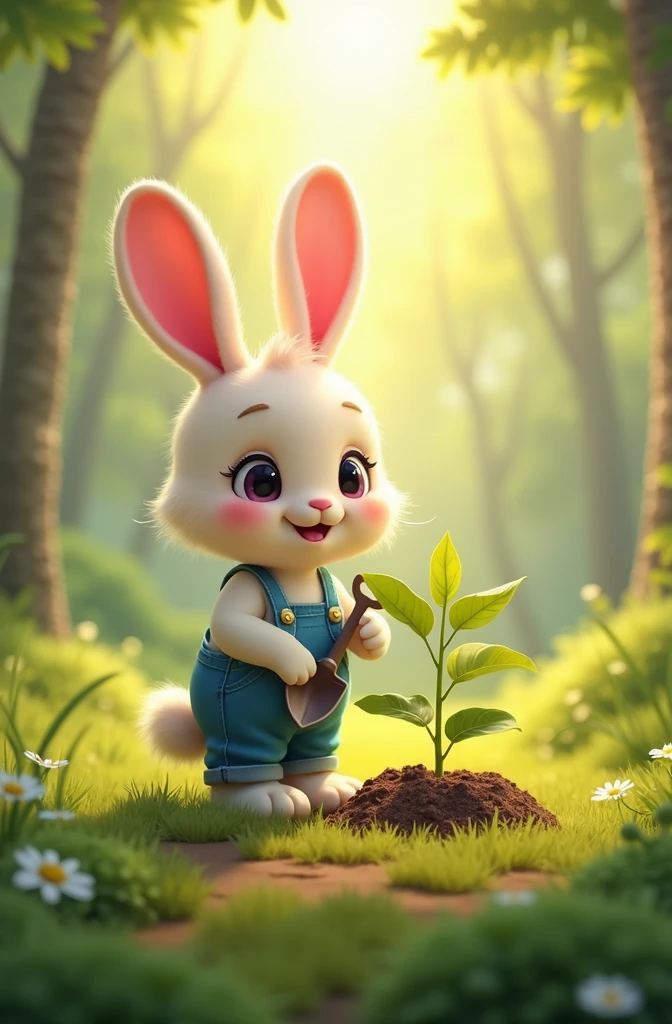 Forest, grassy field, anthropomorphic bunny wearing blue overalls, pink ears, big eyes, holding a small shovel, standing beside a young sapling, warm sunlight, bright atmosphere