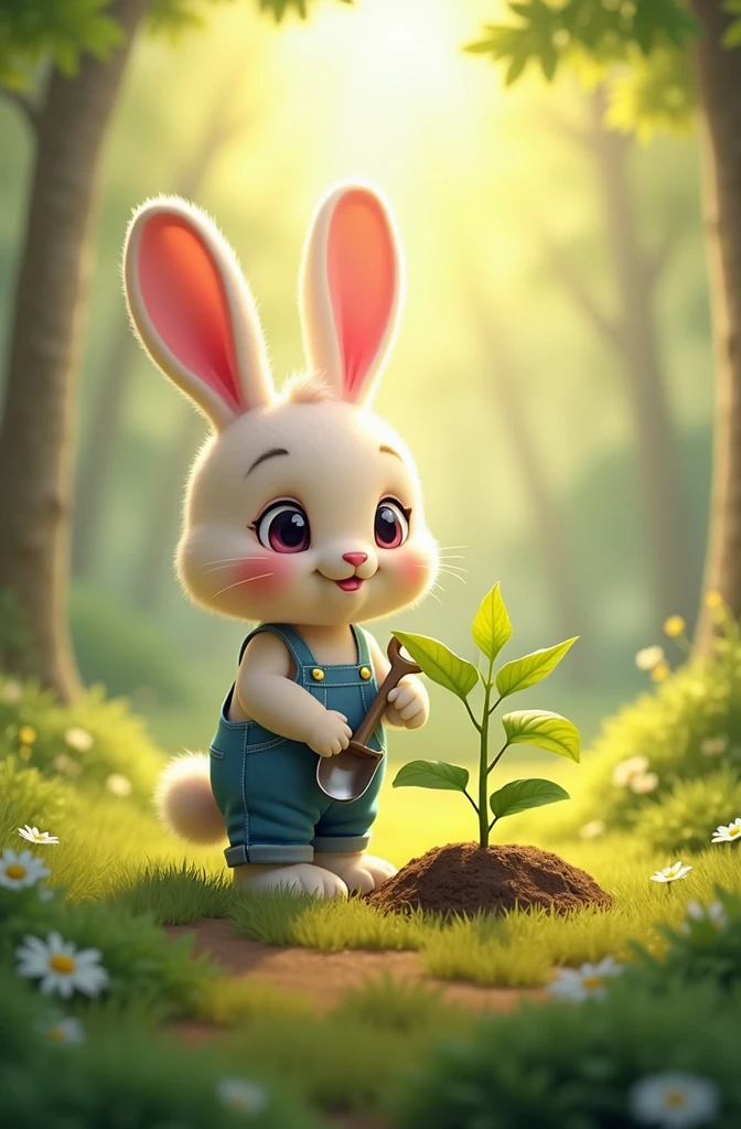 Forest, grassy field, anthropomorphic bunny wearing blue overalls, pink ears, big eyes, holding a small shovel, standing beside a young sapling, warm sunlight, bright atmosphere