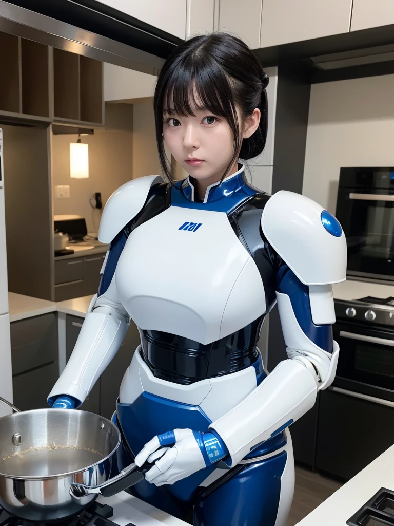 Japanese female android,Black Hair,White and blue robot suit,Plump,Cooking in the kitchen,