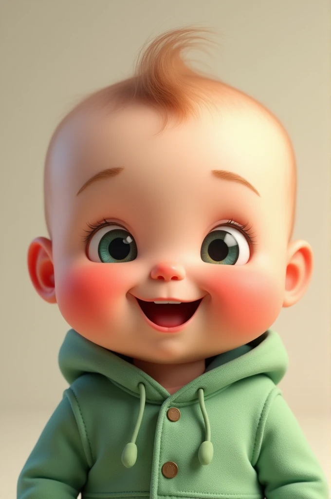 Cute baby with chubby cheeks and dimple is wearing a green outfit and smiling