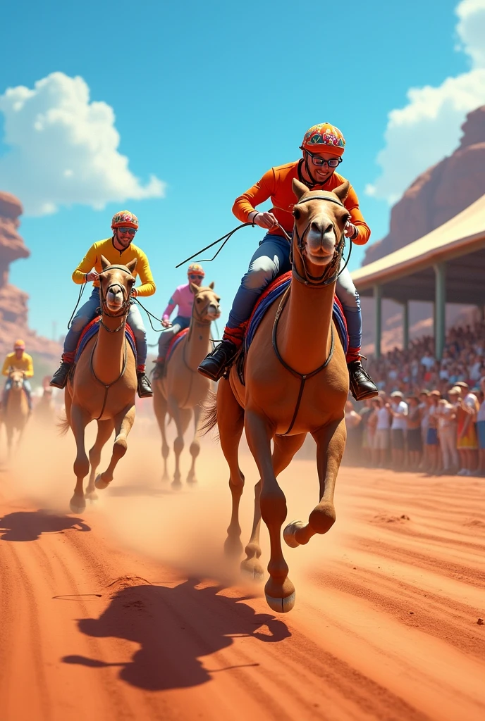 A sandy racetrack in Alice Springs, Australia, during the Camel Cup festival. The scene shows camels racing with their riders dressed in colorful costumes. Spectators are cheering from the stands, and the background features the arid Australian outback with clear blue skies.