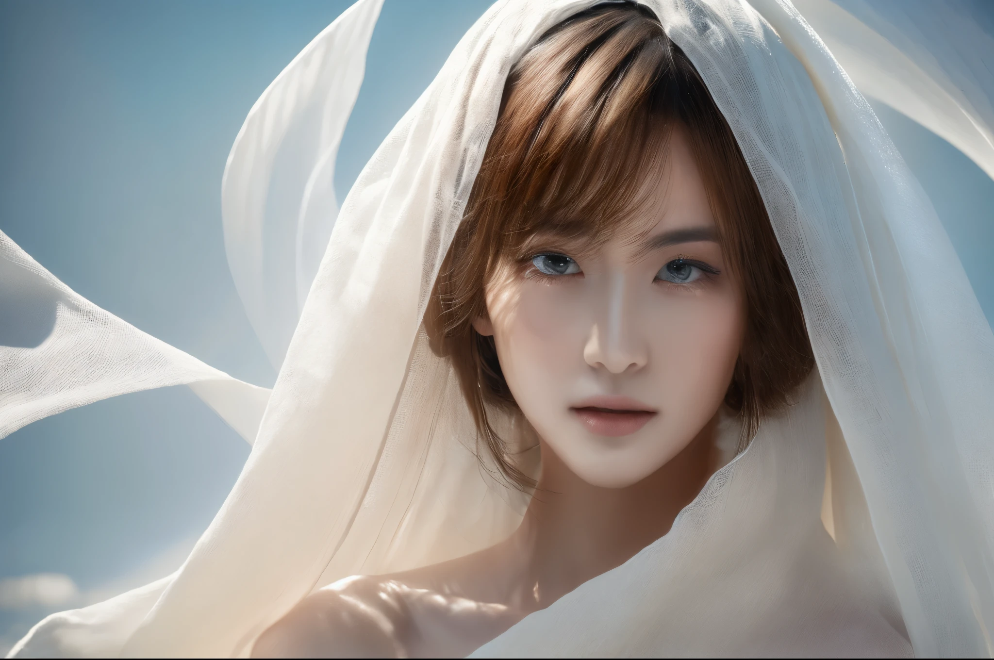 Highest quality masterpiece detailed A very beautiful woman hides all her hair with white cloth, creating a white world Photo style Fantasy Dramatic Production Fantasy