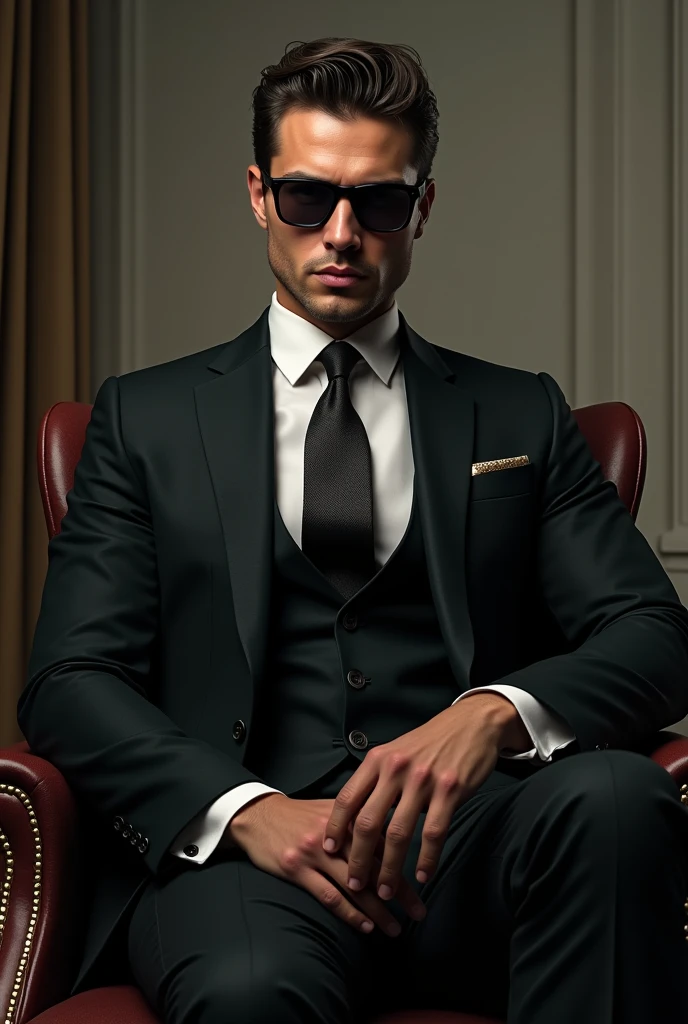 formal attire man then background sitting on a chair then wearing shades on then DEXTER is written on the top then handsome