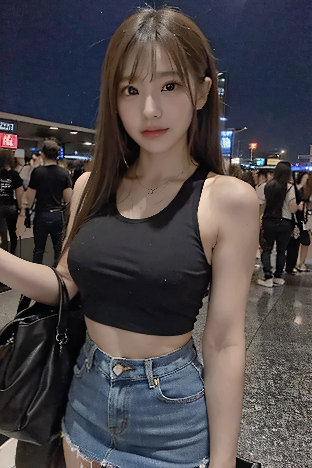 A photo of an extremely beautiful Japanese Instagram model in a black tank top and denim skirt, showing off her abs outside the airport in Dubai at night. --ar 3:4