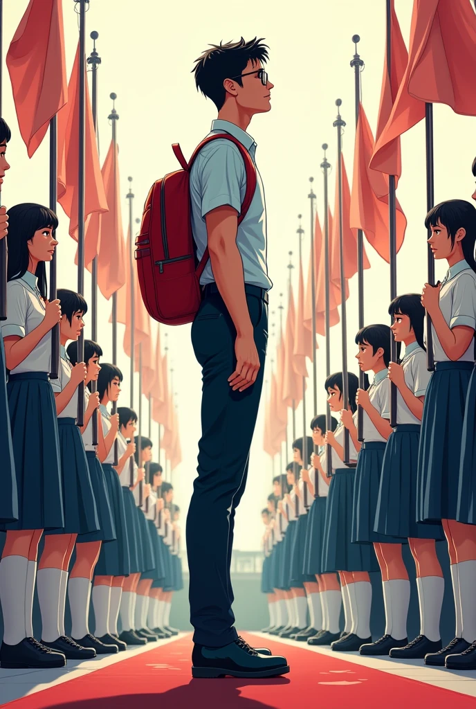 make a collage or comic that represents a boy student with black glasses wearing a uniform and carrying a red bag while doing a flag ceremony and add some other students who also doing a flag ceremony, make it like may POV looking at him and you choose what you need to put on ither side and add some kf your ideas to make it more gorgeous (make him tall and side view and handsome) remove the flag and make all the students also side view looking at one stage not like in the middle make him part of the line and remove the flag kr change the flag Philippines