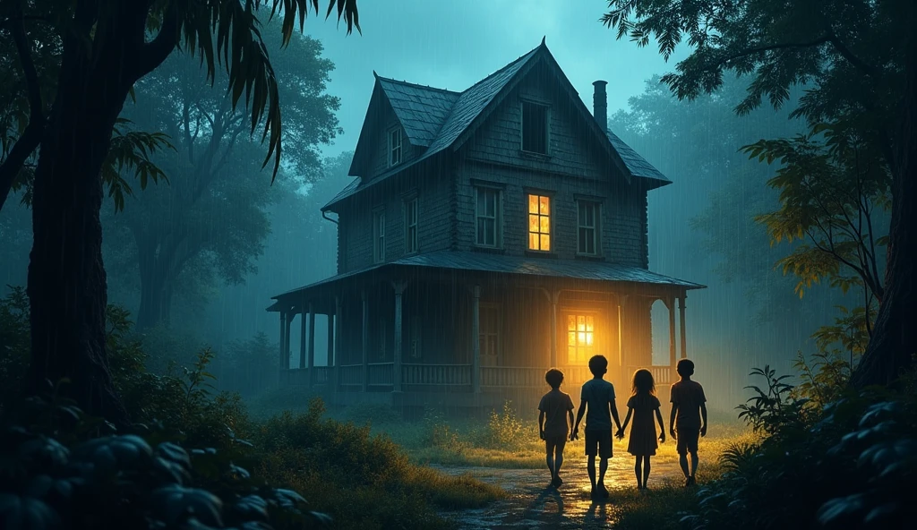Young boy with 3 friends in front horrer old house in jungle with tourches in rain at night time 