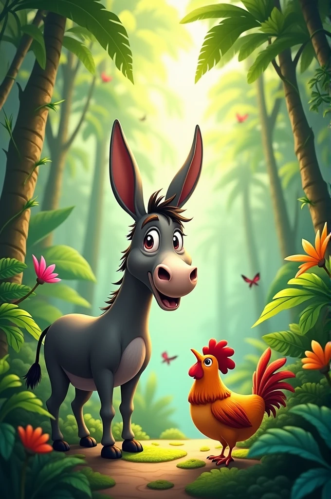 draw a donkey and a hen in the jungle.