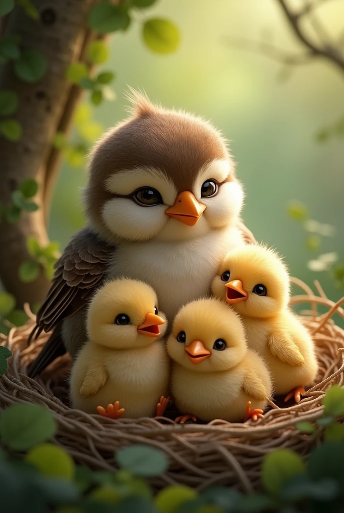 Cute sparrow hugging her 3 chick