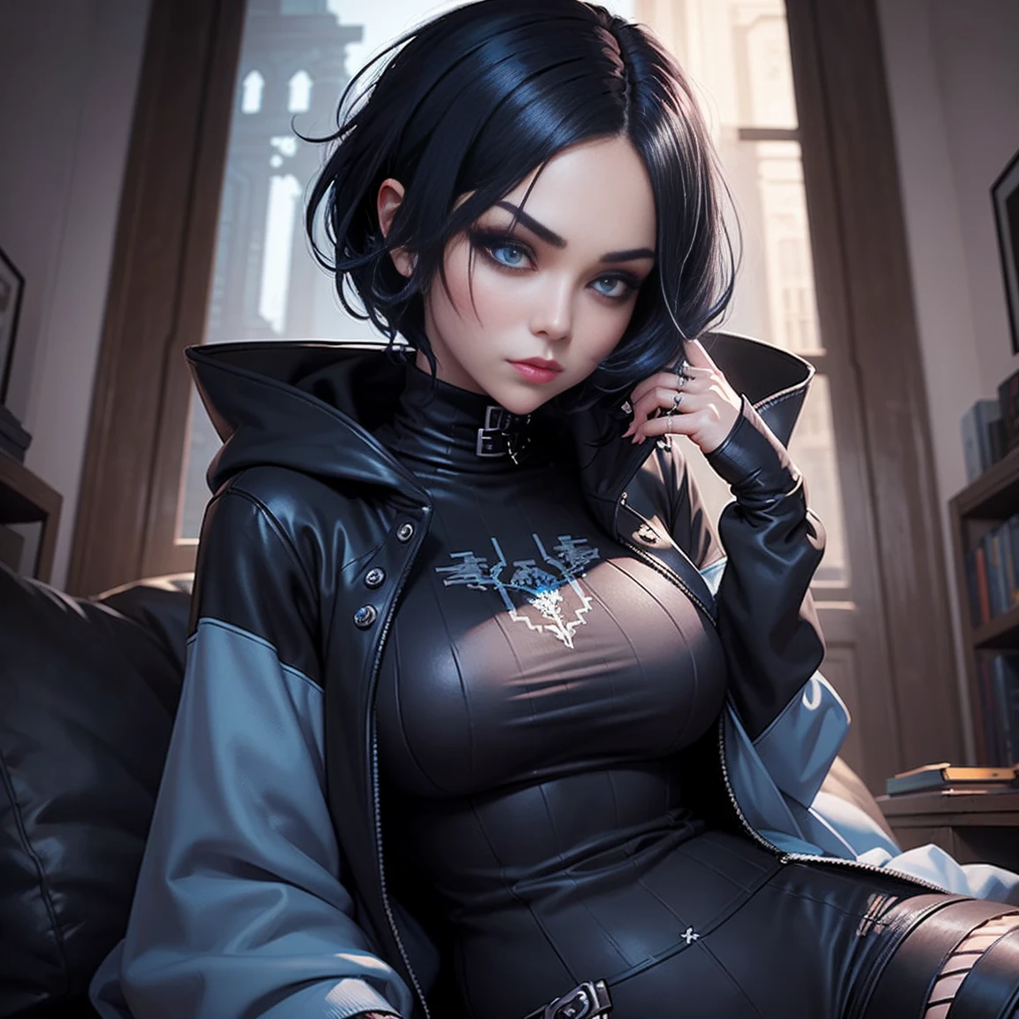 (pixel art: 1.2), Beautiful gothic woman, sexy goth girl, Logo Detail Designer Sweatshirt Coat, pants, short black hair with blue tips, bedroom, lying in bed, (Writer: Isaac quek: 0.8) [Ilya Kubshinov(Ilya Kuvshinov): 0.65]