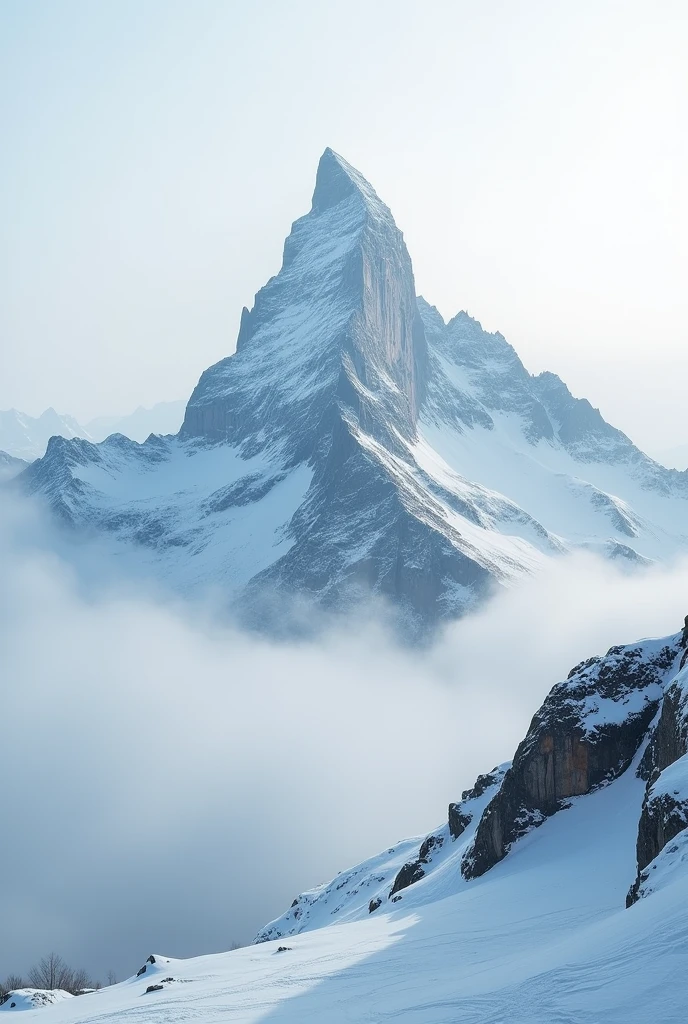 A large snowy mountain with mist around it, beautiful scene, professional photography
