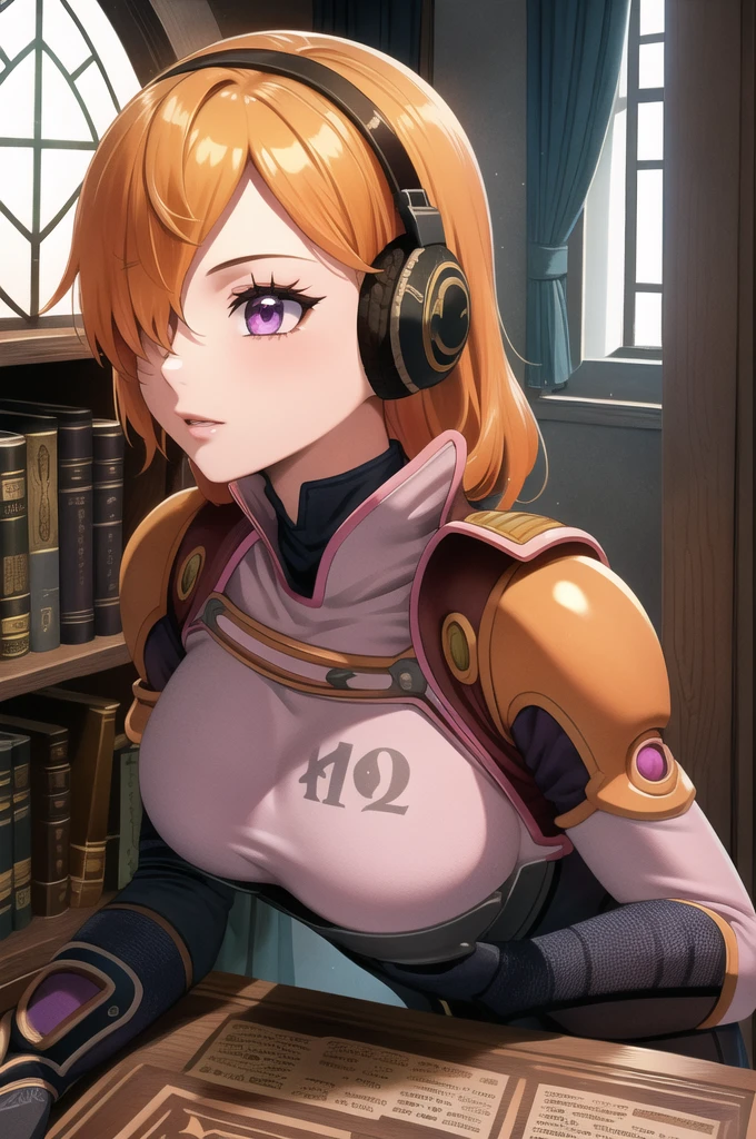 masterpiece, ((ultra detailed background, delicate pattern, intricate detail)), (highly detailed, fine details), best quality, beautiful lighting, ((medium breasts, slim girl)), 1girl, Lilith, (bangs covering one eye), ((light orange hair)), headphones, purple eyes, dark-blue jacket, ((pink bodysuit, full-body suit)), complex detailed background, inside, castle room environment, medieval castle, gray walls, window, bookshelf, (close-up, portrait),  