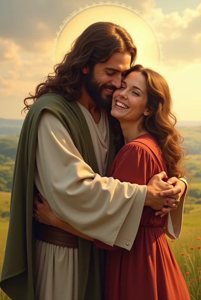 Jesus huging a woman so happily 

