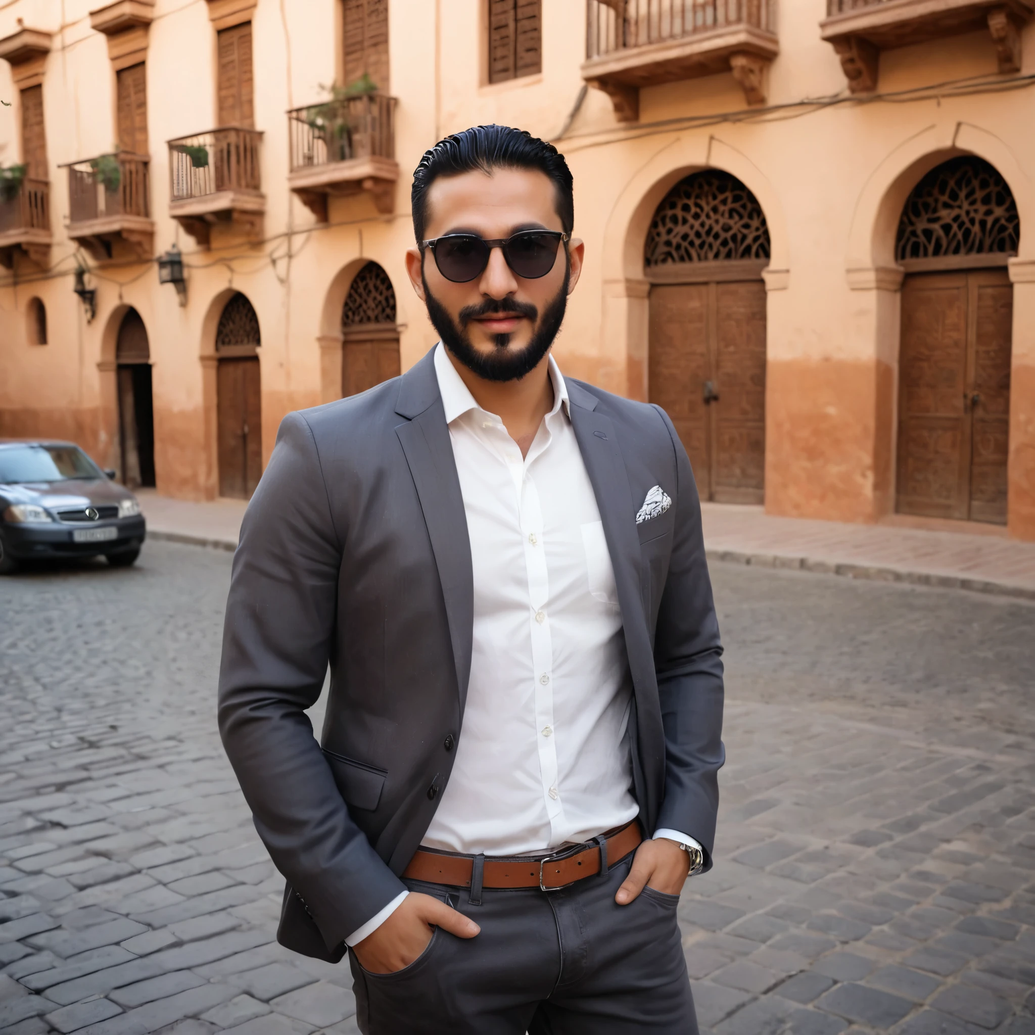 Facial appearance: Moroccan man in his late twenties or early thirties, with soft olive skin, a light, trimmed beard, and soft, black hair styled in a modern slicked back style..Features: Bright brown eyes, thick, well-sculpted eyebrows, straight nose and full lips..Expression: A confident, calm expression, with a slight smile or a sharp look directly at the camera..dress up: Wearing a trendy shirt in neutral colors (like grey or white), with a stylish black blazer jacket.. Skinny jeans are trendy, and classic leather shoes..the background: A chic urban backdrop in a city like Marrakech or Casablanca, with natural daylight that enhances the beauty of the face and clothes..Accessories: A luxury watch and a simple leather strap on his left wrist.. Sunglasses hung on the collar of the shirt for an extra touch of elegance..the details: The image quality is very high, similar to professional Instagram photos with natural color balance and clear details in clothes and face..