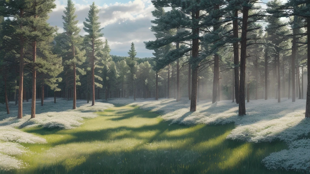 morning frosty landscape, gray low clouds cover a white surface, green grass, coniferous forests, lumen, professional photo, beautiful, 3d, realistic, 64k, high resolution, high detail, cgi, hyperrealism, f/16.1/300s. highly detailed digital painting, bright and juicy photorealistic painting, landscape,