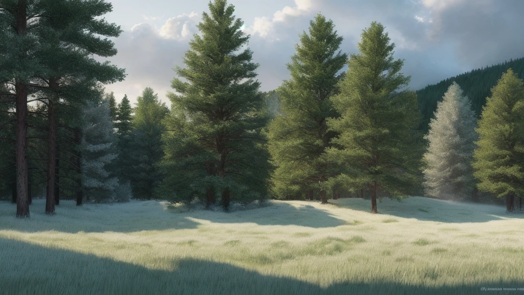 morning frosty landscape, gray low clouds cover a white surface, green grass, coniferous forests, lumen, professional photo, beautiful, 3d, realistic, 64k, high resolution, high detail, cgi, hyperrealism, f/16.1/300s. highly detailed digital painting, bright and juicy photorealistic painting, landscape,