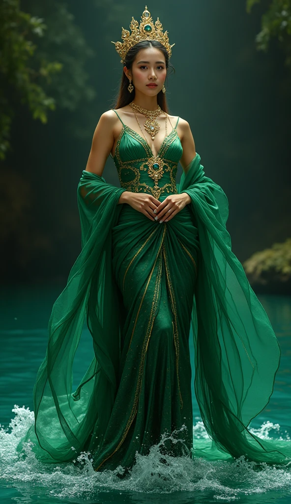Nyai Roro Kidul in her emerald-green gown adorned with gold, South Beach Queen, portrait of a beautiful goddess, goddess of Southeast Asia, goddess of love and peace, beautiful goddess, a stunning portrait of a goddess, painting of beautiful, earth goddess mythology, goddess of nature, goddess art, Indonesian goddess of wealth, female goddess, fantasy woman, goddess of beauty, wearing a small gold crown with a crystal arrangement in the middle, dark green kemben (camisole) luxurious jewelry, dark green shawl and cloth skirt batik sarong, smooth green and white, standing on blue water with waves and with a dramatic effect, surrounded by whirlpools, creating a mystical atmosphere, fractal art, bright and shining in the center with a dark background, water manipulation, intricate details, hyperrealistic, throughout body, UHD, HD, hyperdetail