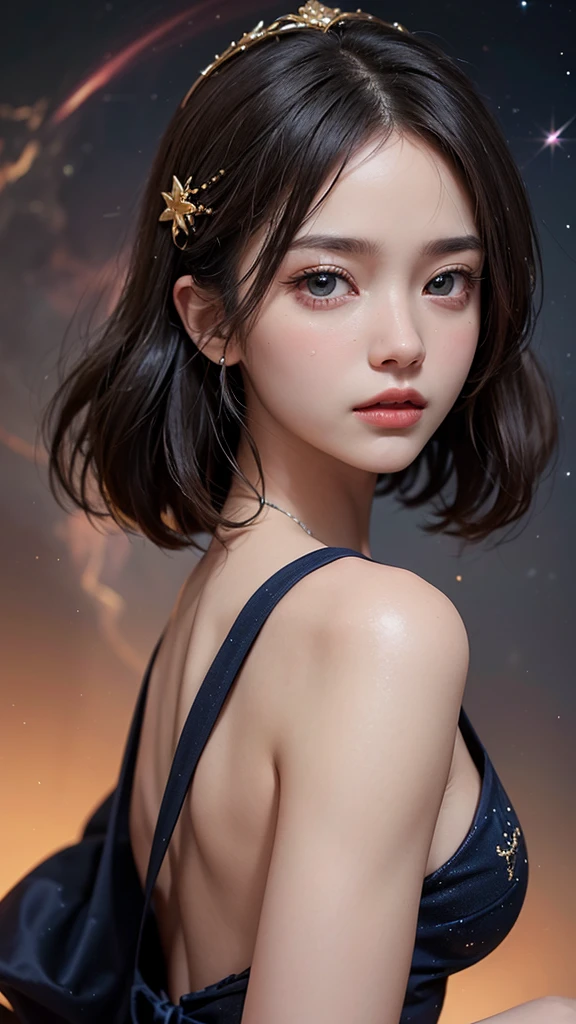 masterpiece, 1 beautiful girl, Fine-tune,Highest quality, 超High resolution, (reality: 1. 4), Cinema Lighting, Korean, Korean super beautiful girl,Knowing women,really beautiful, Beautiful Skin, thin, Body facing forward, (reality photo), (High resolution), (32K), (Very detailed), ( Best illustrations), (Beautiful attention to detail), (Very detailedな), (wallpaper), Detailed face, Bright lighting, Professional Lighting、 Behold、Look straight ahead、Dress neatly、short hair,Pure erotic face ace_v1、46 point diagonal bangs、Bright galaxies、Chiaroscuro Nebula、ruined galactic war、Star systems to be swallowed、Texture confusion、Cosmic chaos、Bending the fabric of the nebula itself、Dangerous terrain、technology and magic、 bright stardust vine、dark swirling nebula、Cosmic Energy、爆発するShine星雲、A dazzling burst of light、Illuminated Nebula、Mature Woman、Heavenly Beauty、Elegant and detailed silver hair、Exquisitely drawn, dreamy silver eyes、Exhausted look,Sweaty face,(Beautiful symmetrical eyes), (Beautiful eyes drawn in detail), (Beautiful, vibrant eyes with large highlights), (Bright Eyes), (Intricately drawn facial features), (intricately drawn facial expressions), (Heavenly Beauty), (シミのないShine肌), (Exquisitely embroidered costumes), (Perfect hands), (Correct Anatomy),Large Breasts,Large Bust,thinウエスト,Starry sky nebula colorful,Shine(Glow Phi),Gold hair ornament on head、Black Hair、Neck-length hair