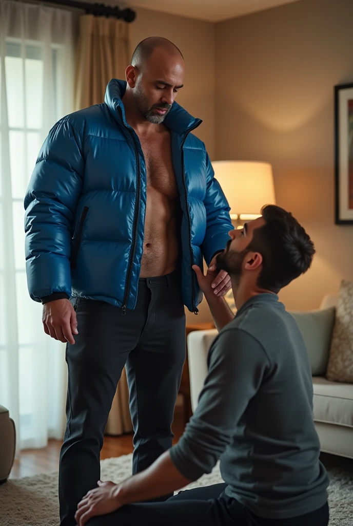 Create a hyper-realistic, high-resolution image showing two extremely handsome brightly lit living room. The wonderful and seductive uncle, aged 42, with short hair beginning to show signs of balding, is wearing dark pants and an open, *extremely shiny blue nylon puffer jacket* that exposes his slightly hairy chest and slightly prominent belly. He is kneeling on the floor, *wearing a collar around his neck*, being pulled by his gorgeous domineering nephew, a 26 yo man with a naturally attractive physique, *dressed in a fitted shirt and casual pants*, stand in the side of his submissive womderful uncle. (((The *nephew pulls the collar with a confident and authoritative expression*, while the uncle, *kneeling*, looks up with a submissive expression))). The living room is natural high illumination, with natural, comfortable decor that enhances the realism of the scene. The image should capture every detail with precision, emphasizing the interaction and contrast of roles between the two men. HANSOME DOMINEERING NEPHEW STANDS NEXT TO HIS WONDERFUL SUBMISSIVE UNCLE KNEELING ON THE FLOOR BEING HUMILIATED AND TREATING LIKE AN ANIMAL TO A NEPHEW.