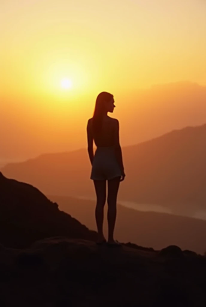 professional cinematography, vivid sunset, a beautiful young woman, naked, on top of a large mountain peak, sitting, looking at the horizon, above the clouds, in close-up.