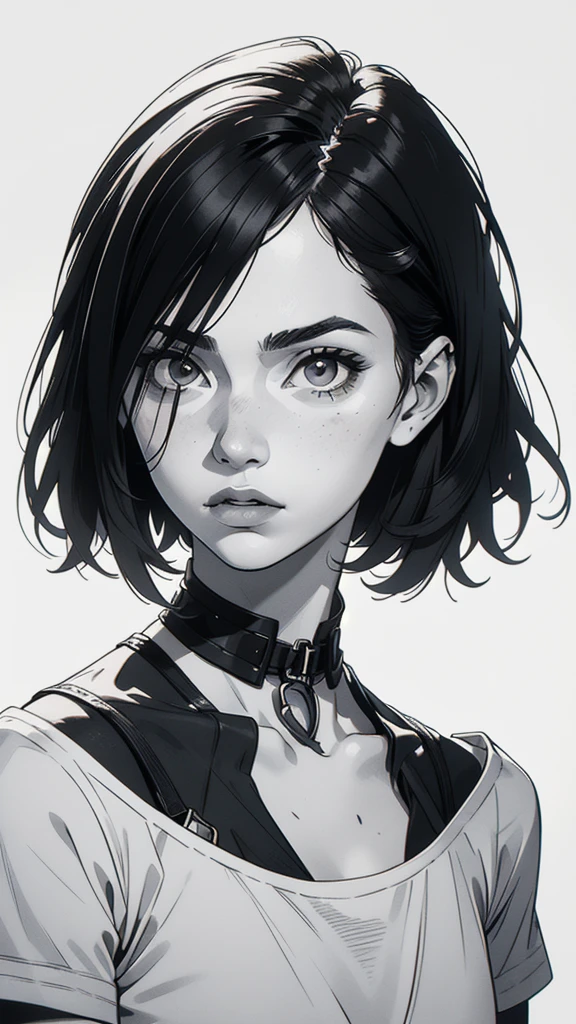 1 boyish girl, solo, sharp eyes, monochrome, greyscale, shoulder length black bangs hair, portrait, (blank white T-shirt), Thin eyebrows, closed mouth, looking at viewer, detailed lips, hatching \(texture\), without makeup, upper body, (best illustration), (best quality), (very detailed), (masterpiece), expressionless,