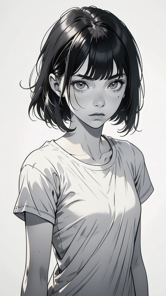 1 boyish girl, solo, sharp eyes, monochrome, greyscale, shoulder length black bangs hair, portrait, (blank white T-shirt), Thin eyebrows, closed mouth, looking at viewer, detailed lips, hatching \(texture\), without makeup, upper body, (best illustration), (best quality), (very detailed), (masterpiece), expressionless,