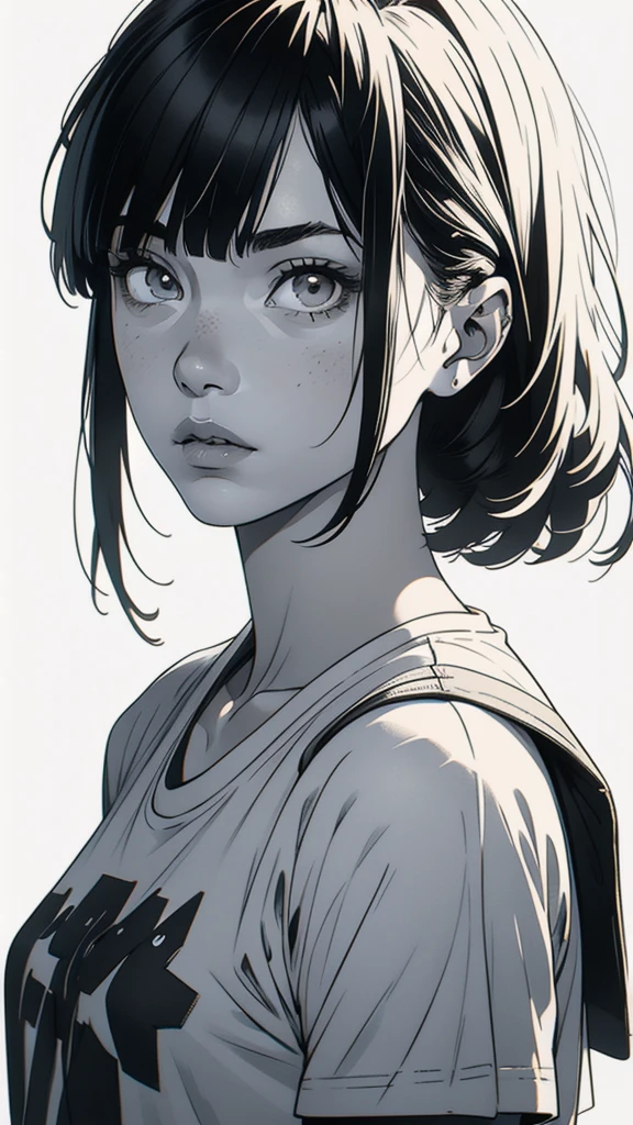 1 boyish girl, solo, sharp eyes, monochrome, greyscale, shoulder length black bangs hair, portrait, (blank white T-shirt), Thin eyebrows, closed mouth, looking at viewer, detailed lips, hatching \(texture\), without makeup, upper body, (best illustration), (best quality), (very detailed), (masterpiece), expressionless,