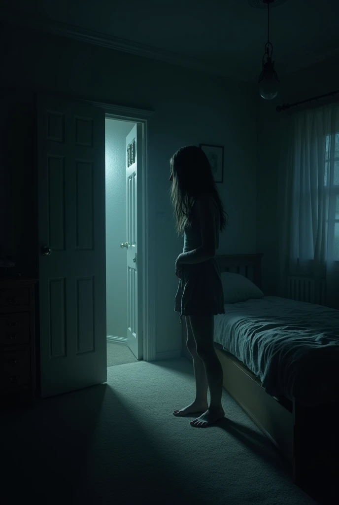 A shadowy, eerie view of the bedroom wall, with a hint of a scratching mark and a subtle, sinister texture.
The interior of a dark closet door, with an ominous, faint light seeping through the cracks, suggesting something unsettling within.
The wall of Jessica’s bedroom with visible, frantic scratching marks, suggesting an intense struggle or disturbance from inside.
A perspective shot from inside the closet, looking out towards the bedroom with the faint outline of scratching marks visible on the wall.
Jessica’s bedroom with the bed in disarray, indicating her sudden movement or disturbance as she reacts to the scratching sound.
A detailed shot of the photo message on Jessica’s phone, showing a clear image of her sleeping in bed, with a faint shadow or light indicating the vantage point of the photo.
A shot of the dark, ominous corner of Jessica’s bedroom, with the scratching sound intensifying, creating a palpable sense of dread.
Jessica’s face in close-up, illuminated by the phone’s screen, showing a mix of confusion and terror as she processes the unknown messages.
An exterior view of Jessica’s apartment building at night, with a focus on the window of her bedroom, hinting at the tension and mystery inside.