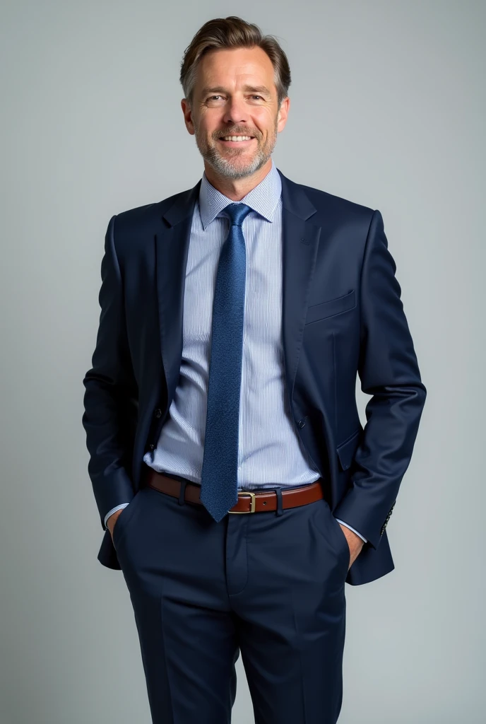 a man wearing light gray dress shirt with bright blue stripes with a  blue pent with navy blue jacket 