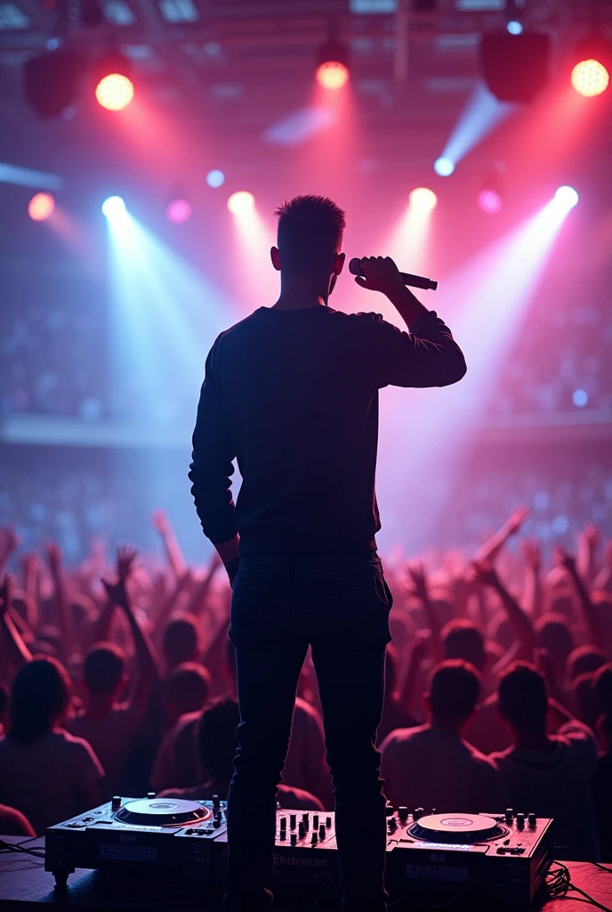 A DJ at a concert holding a microphone in his right hand closer and more visible