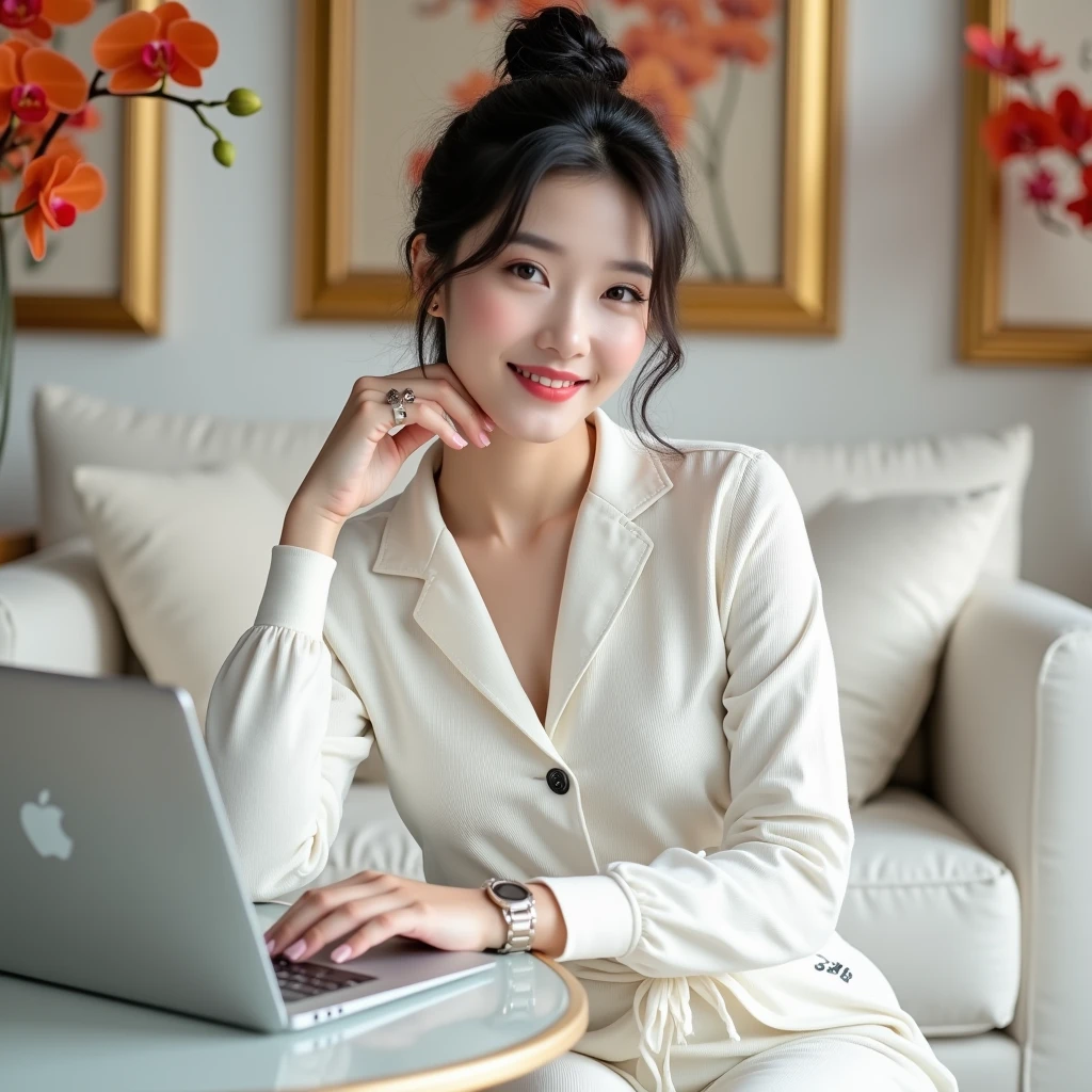 Beautiful Korean Women , smooth white skin, well-groomed face,rambut black, bun up Korean style,knitted clothes ((santi motif logo)) black , wearing white jumpsuit pants,wristwatch. sitting pose.eyes looking at camera,smiled faintly,on the table there is an iPhone laptop ,sitting on a very luxurious sofa,in a luxurious room White color , Background, there are beautiful flower paintings and orange red orchids. 