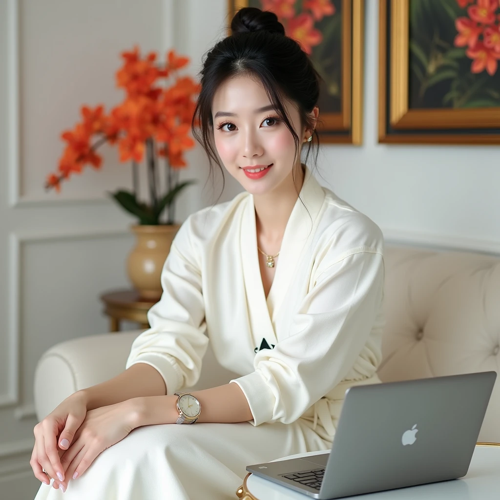 Beautiful Korean Women , smooth white skin, well-groomed face,rambut black, bun up Korean style,knitted clothes ((santi motif logo)) black , wearing white jumpsuit pants,wristwatch. sitting pose.eyes looking at camera,smiled faintly,on the table there is an iPhone laptop ,sitting on a very luxurious sofa,in a luxurious room White color , Background, there are beautiful flower paintings and orange red orchids.