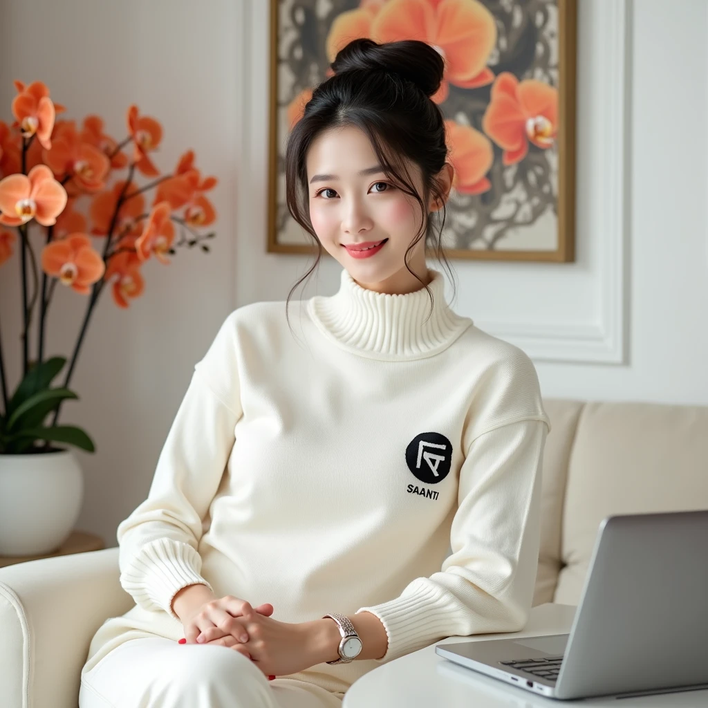 Beautiful Korean Women , smooth white skin, well-groomed face,rambut black, bun up Korean style,knitted clothes ((santi motif logo)) black , wearing white jumpsuit pants,wristwatch. sitting pose.eyes looking at camera,smiled faintly,on the table there is an iPhone laptop ,sitting on a very luxurious sofa,in a luxurious room White color , Background, there are beautiful flower paintings and orange red orchids. 